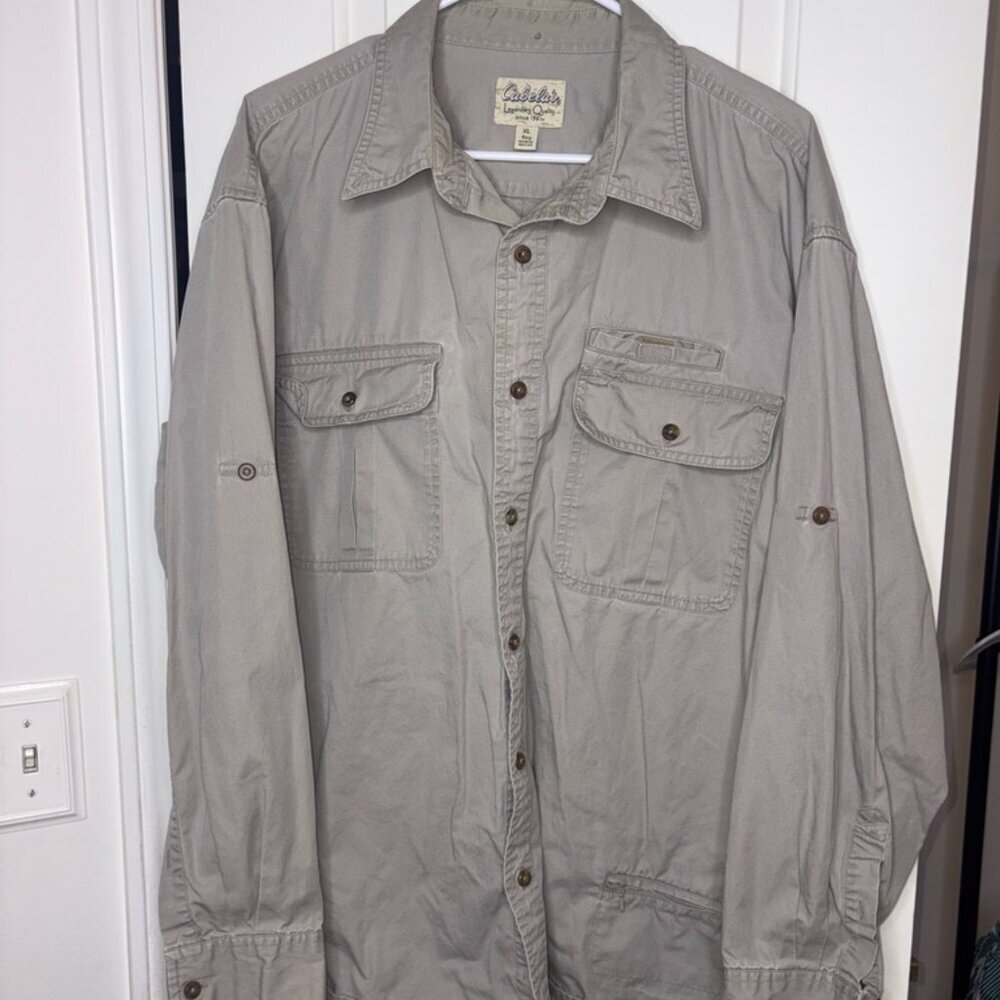 Men's Cabela's Outdoor Hunting Safari Collared Button Down Beige XL 100% Cotton